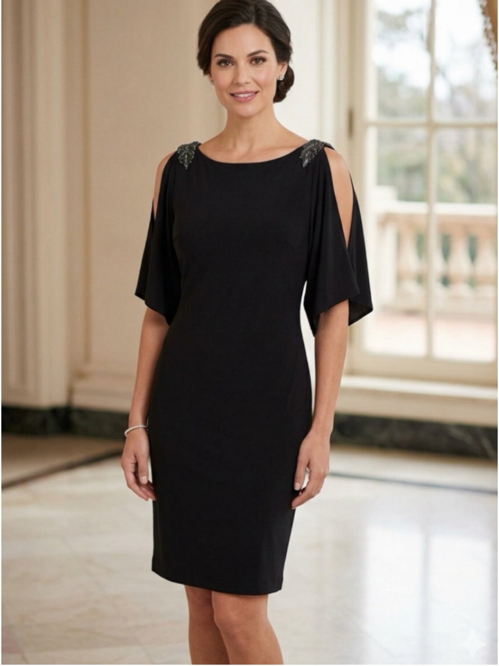 Elegant Beaded Shoulder Cold Shoulder Shift Dress Black Cocktail Party Mini 1516